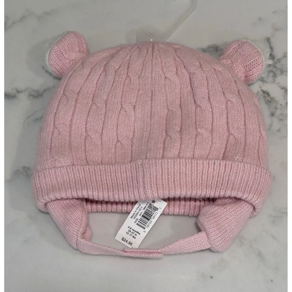 Gap Baby Pink Cable Knit Bear Ear Beanie Sherpa Lined Hat 3-6 Months 522664-02-1